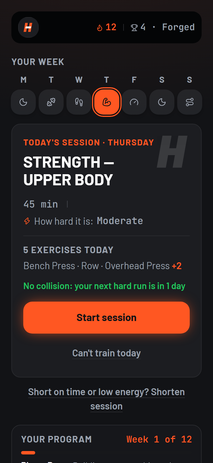 Your week already balanced: Thursday's light leg day, adjusted for Saturday's long run