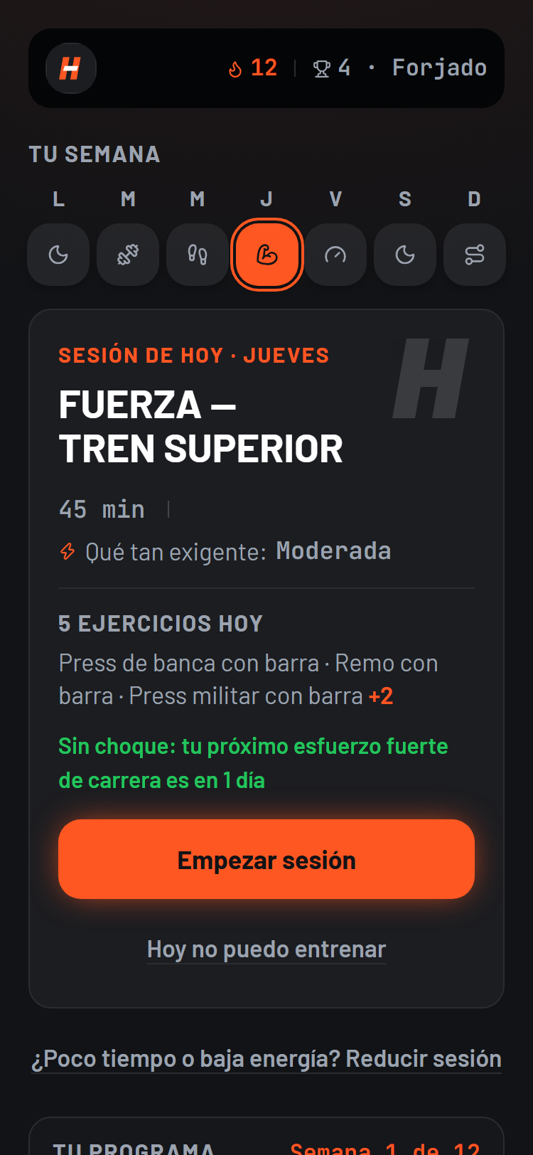Tu semana ya balanceada: jueves de tren inferior ligero, ajustado por la tirada larga del sábado